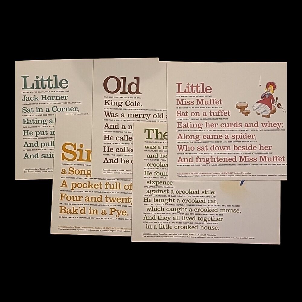 Rare Set of 5‎ Vintage Nursery Rhyme Prints Unframed 8"x10"